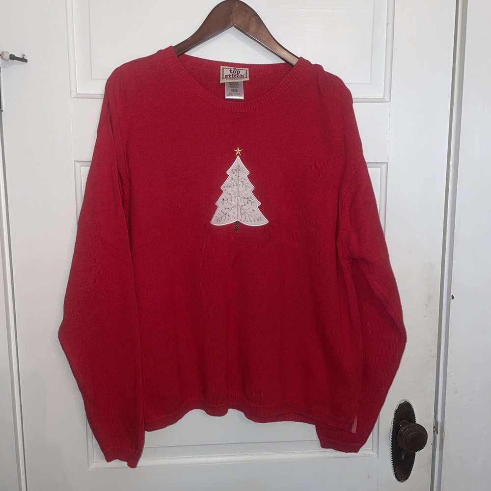 Christmas Sweater Red Knit White Rhinestone Tree With Star Women's large